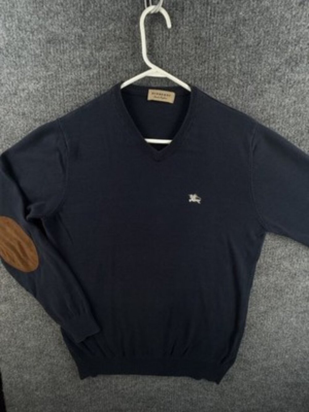 Burberry Italy Cotton Pullover Logo V-Neck Mens Blue Medium Elbow Patches Knit